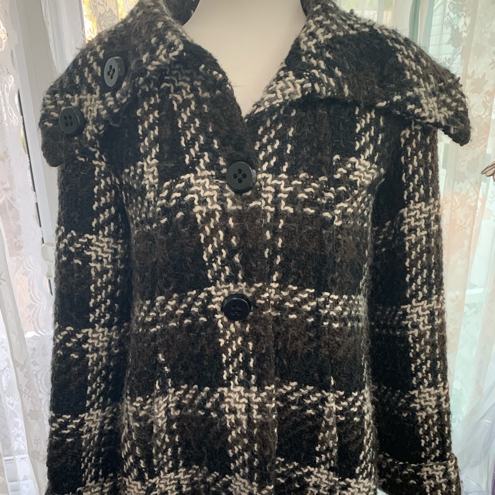 I Madison Black and White Plaid Big Collar Wool Blend Coat